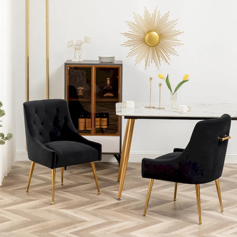 Modern Boucle Velvet Upholstered Accent Dining Chair Set of 2 Tufted Back Armless Chair with Golden Legs