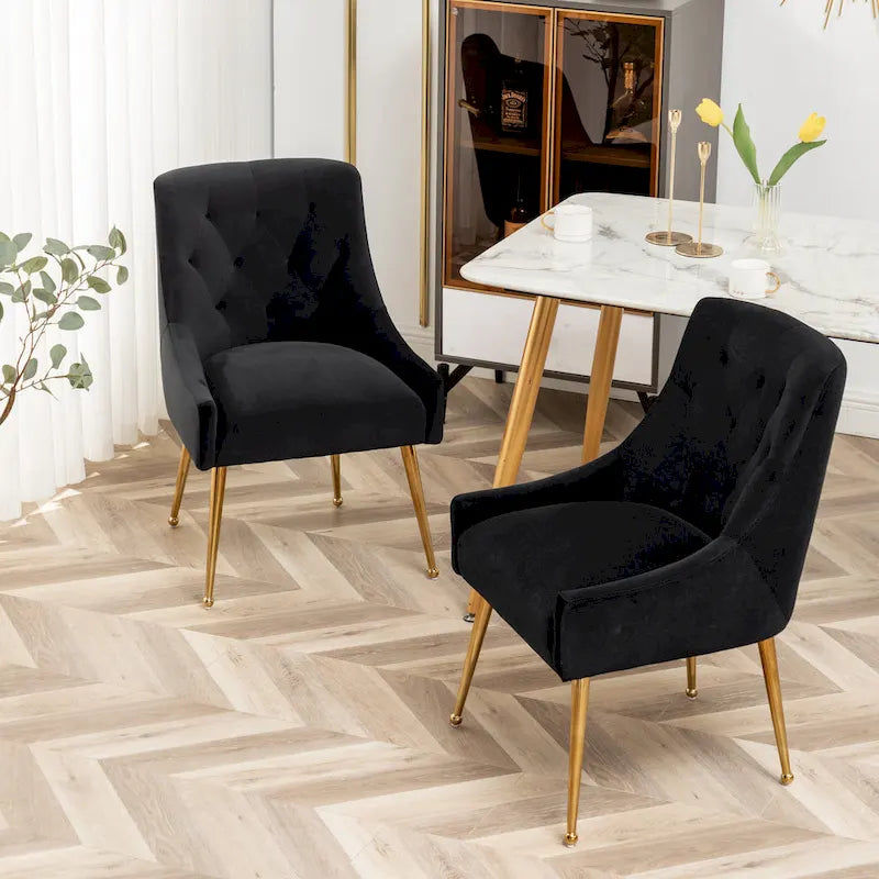 Modern Boucle Velvet Upholstered Accent Dining Chair Set of 2 Tufted Back Armless Chair with Golden Legs