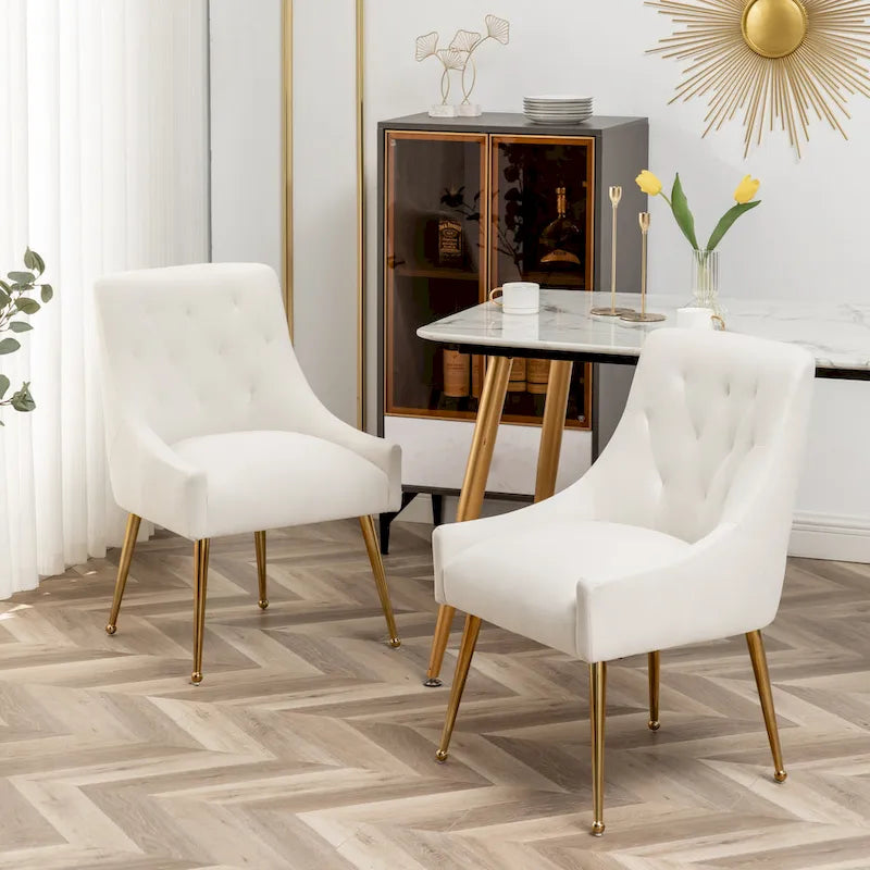 Modern Boucle Velvet Upholstered Accent Dining Chair Set of 2 Tufted Back Armless Chair with Golden Legs