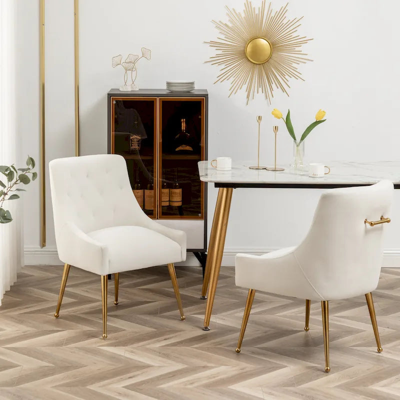 Modern Boucle Velvet Upholstered Accent Dining Chair Set of 2 Tufted Back Armless Chair with Golden Legs