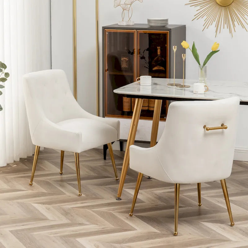 Modern Boucle Velvet Upholstered Accent Dining Chair Set of 2 Tufted Back Armless Chair with Golden Legs