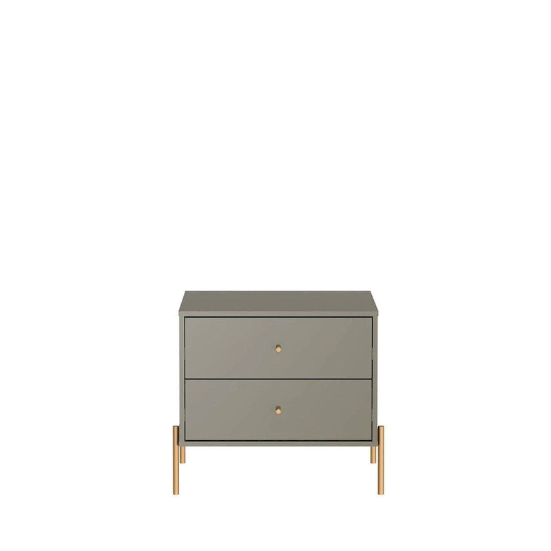 Bedside table with gold steel legs and a white glossy finish.
