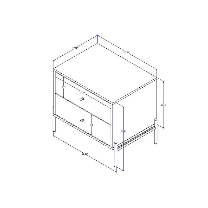 Bedside table with gold steel legs and a white glossy finish.