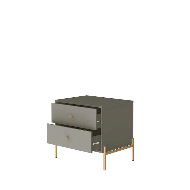 Bedside table with gold steel legs and a white glossy finish.
