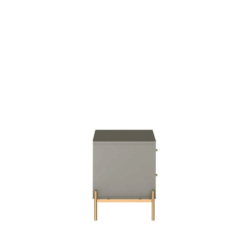 Bedside table with gold steel legs and a white glossy finish.
