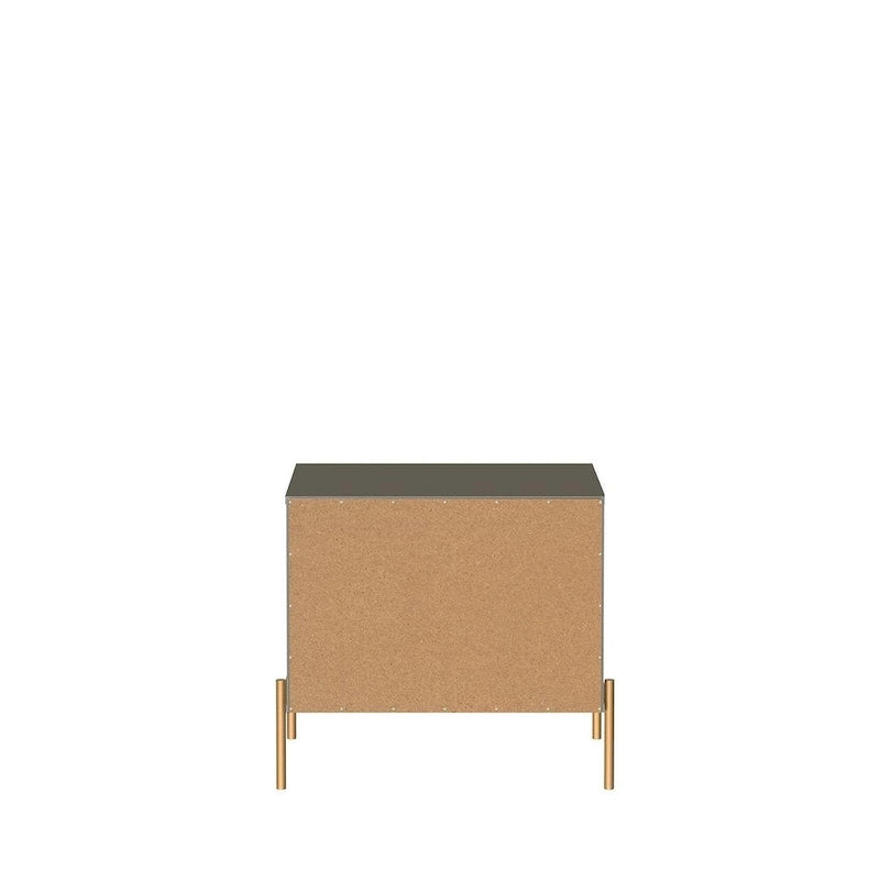 Bedside table with gold steel legs and a white glossy finish.