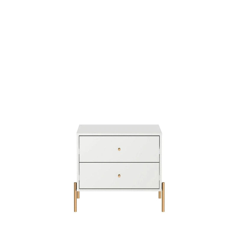 Bedside table with gold steel legs and a white glossy finish.