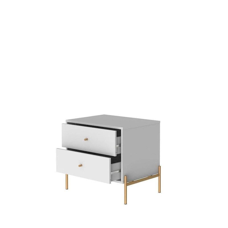 Bedside table with gold steel legs and a white glossy finish.