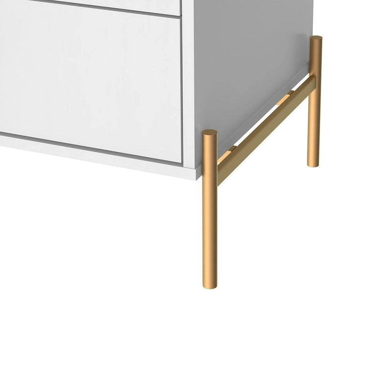 Bedside table with gold steel legs and a white glossy finish.