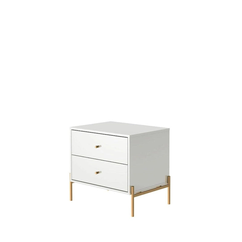 Bedside table with gold steel legs and a white glossy finish.