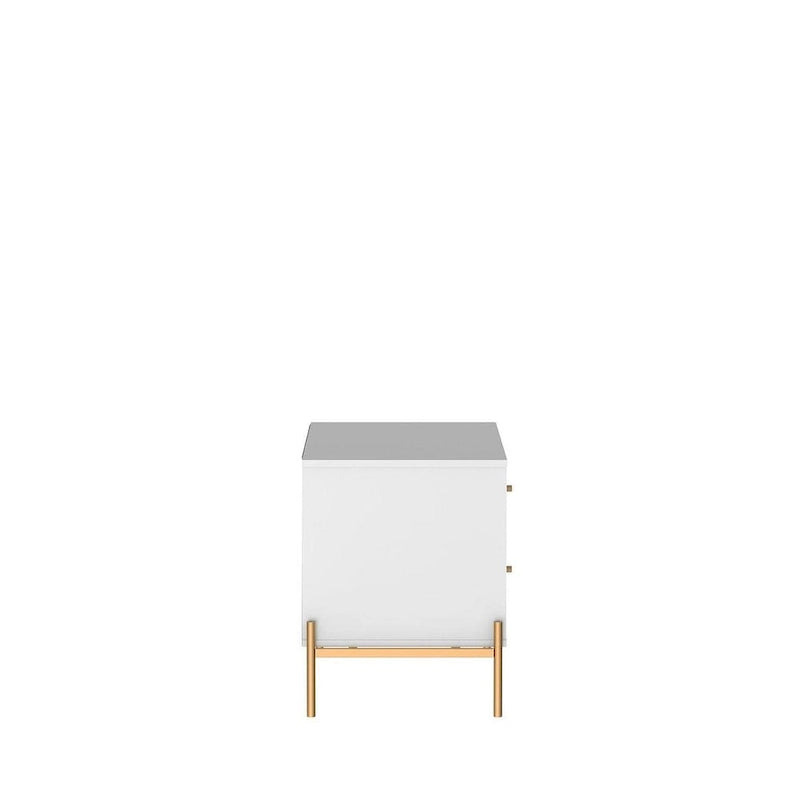 Bedside table with gold steel legs and a white glossy finish.
