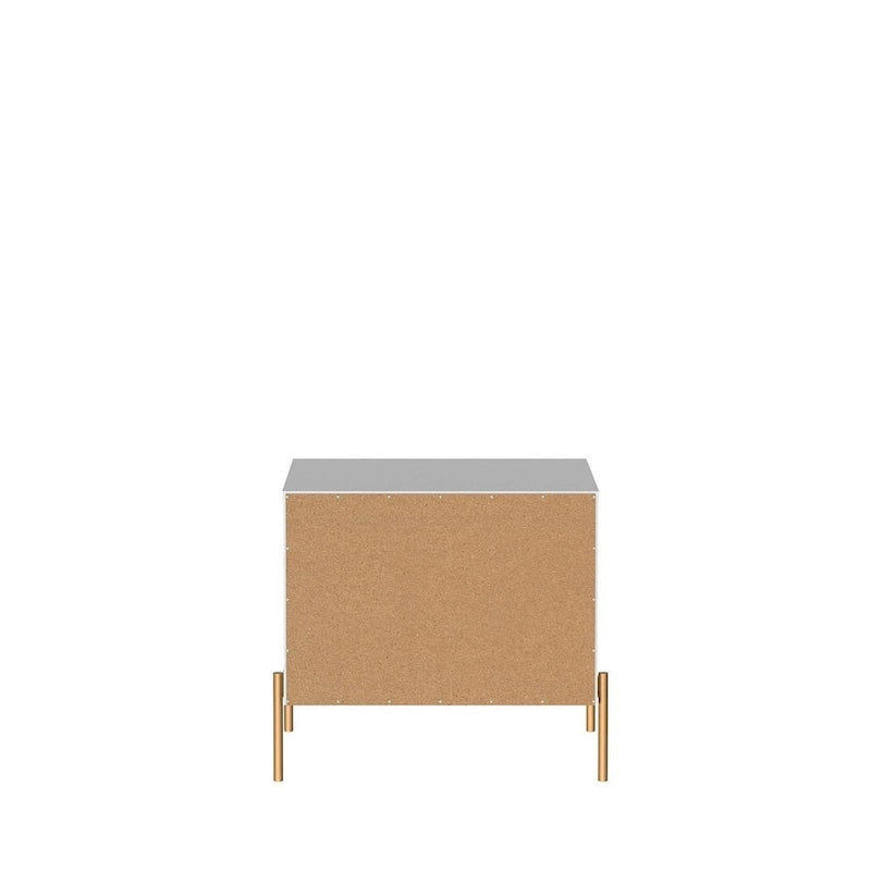 Bedside table with gold steel legs and a white glossy finish.
