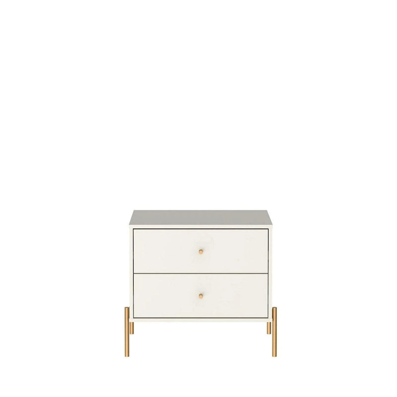 Bedside table with gold steel legs and a white glossy finish.