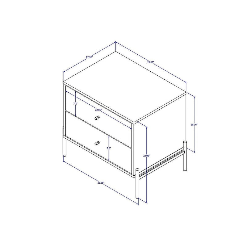 Bedside table with gold steel legs and a white glossy finish.
