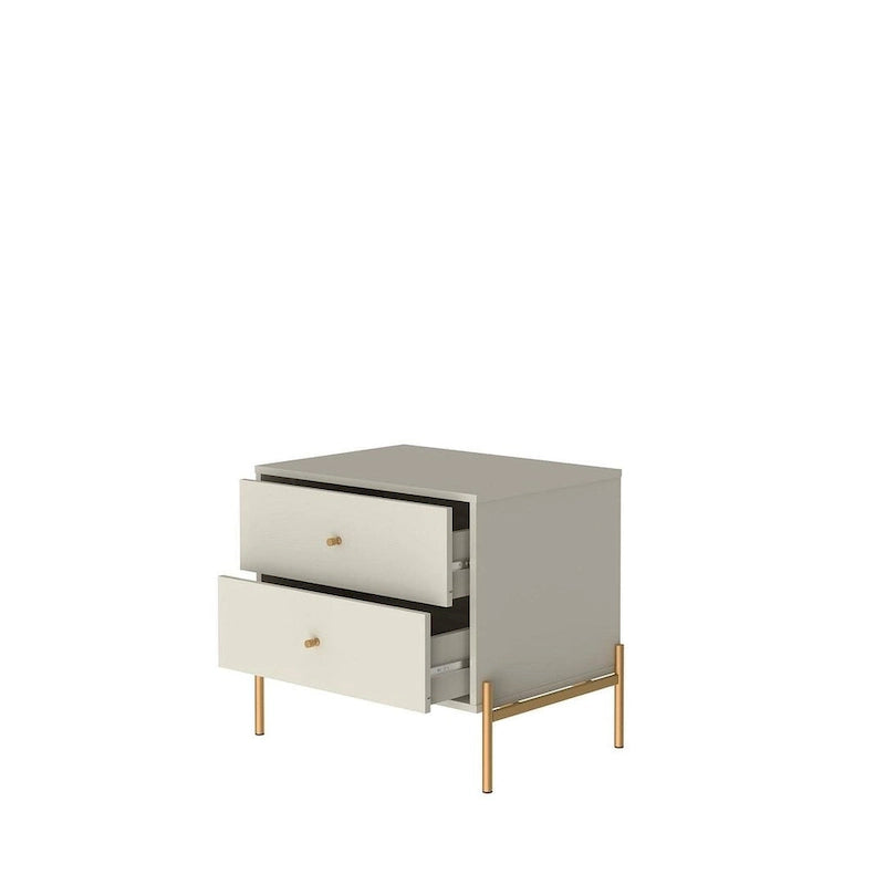 Bedside table with gold steel legs and a white glossy finish.
