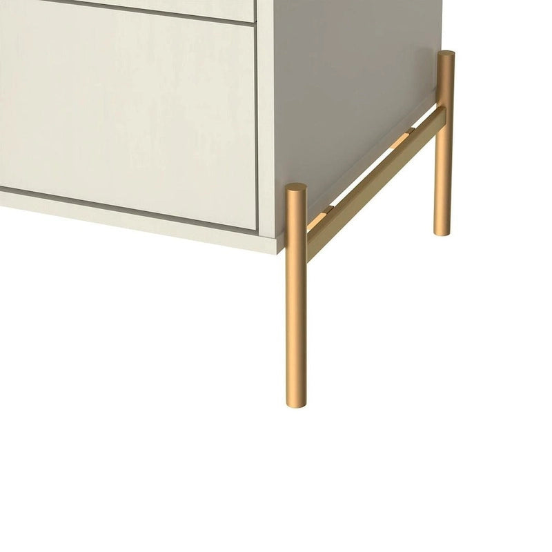 Bedside table with gold steel legs and a white glossy finish.