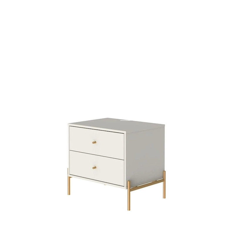 Bedside table with gold steel legs and a white glossy finish.