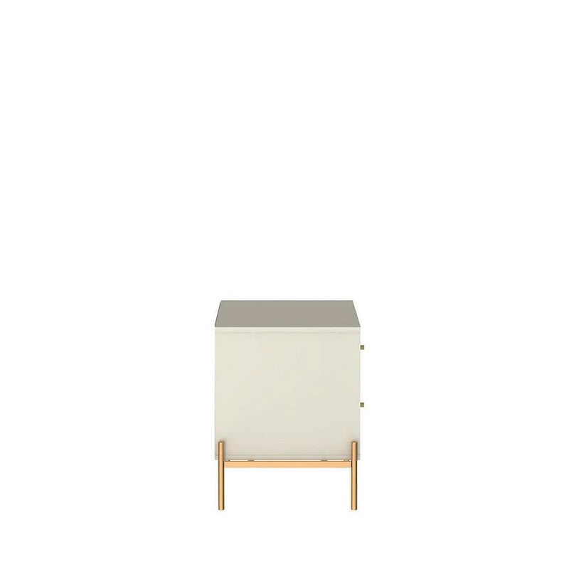 Bedside table with gold steel legs and a white glossy finish.