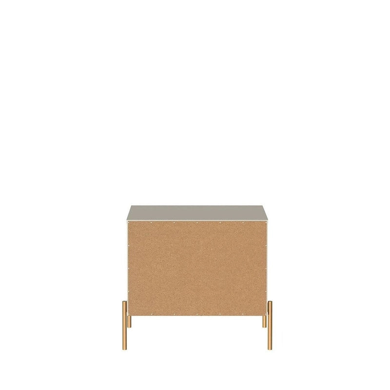 Bedside table with gold steel legs and a white glossy finish.