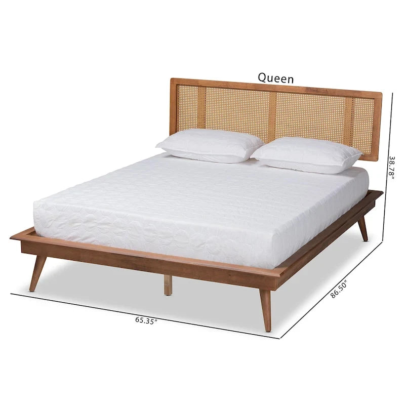 Mid-Century Walnut Brown Wood and Rattan Platform Bed - Full