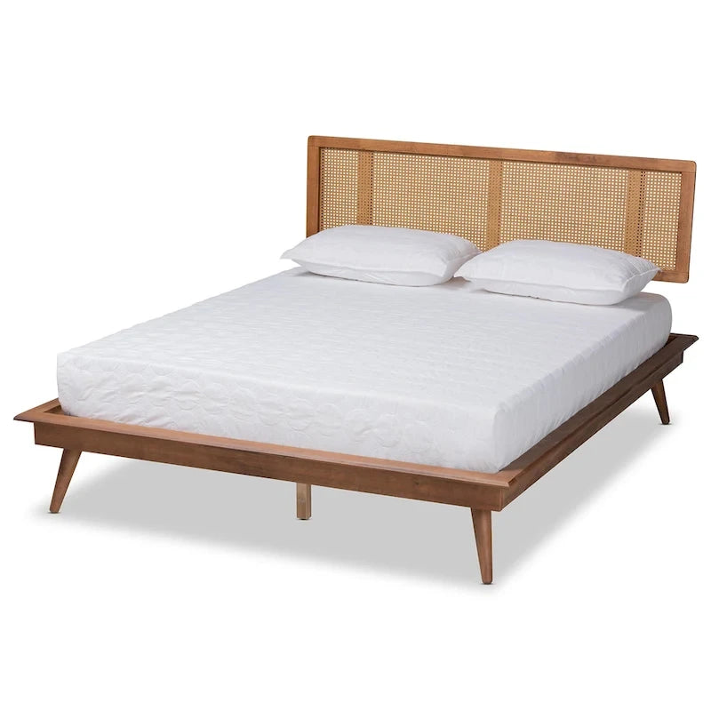 Mid-Century Walnut Brown Wood and Rattan Platform Bed - Full