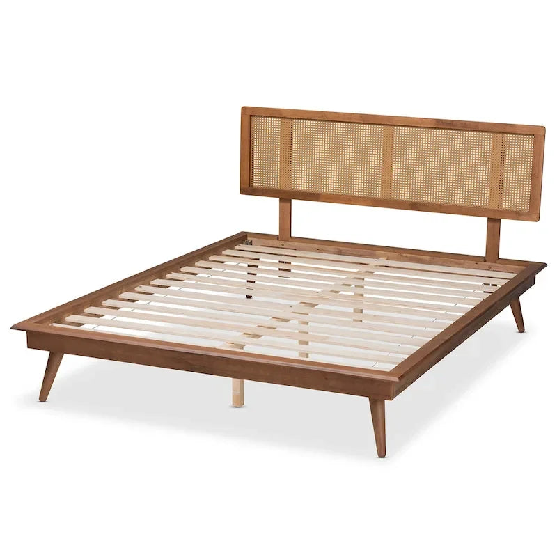 Mid-Century Walnut Brown Wood and Rattan Platform Bed - Full