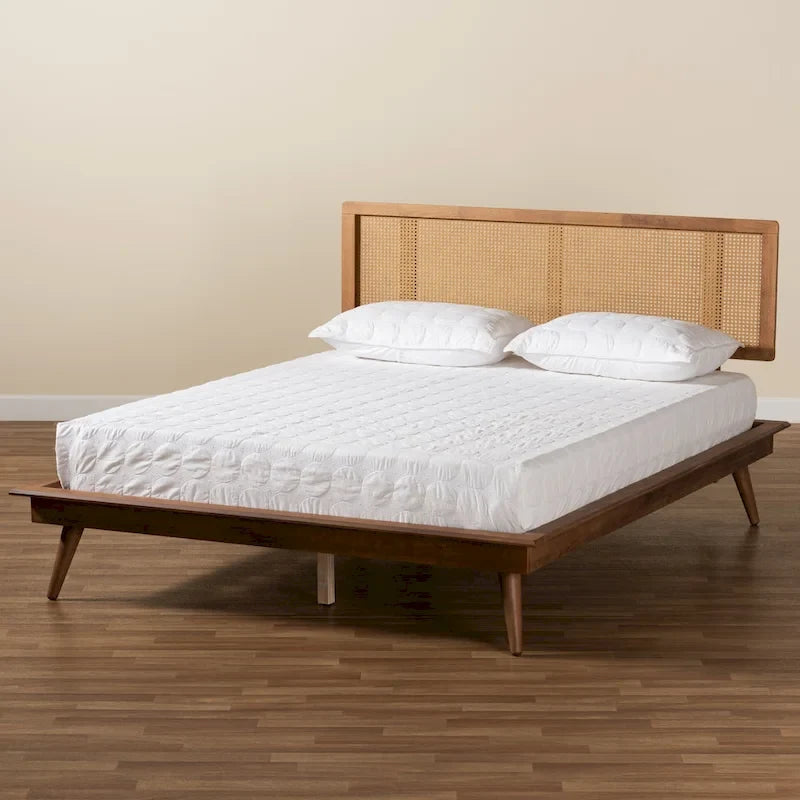 Mid-Century Walnut Brown Wood and Rattan Platform Bed - Full