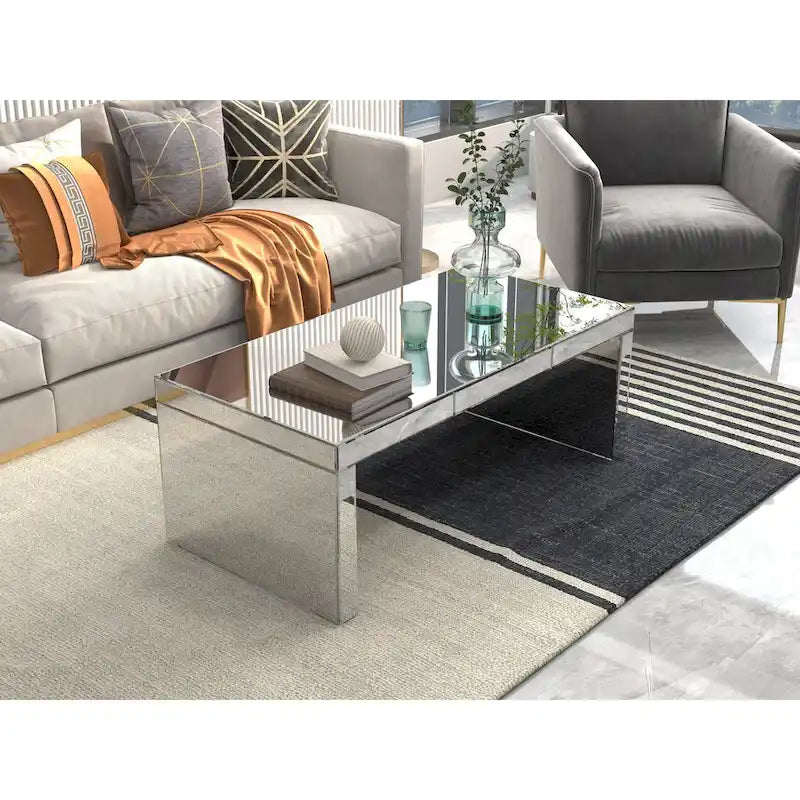 Glam Glass Mirrored Coffee Table Rectangle Silver Accent Table