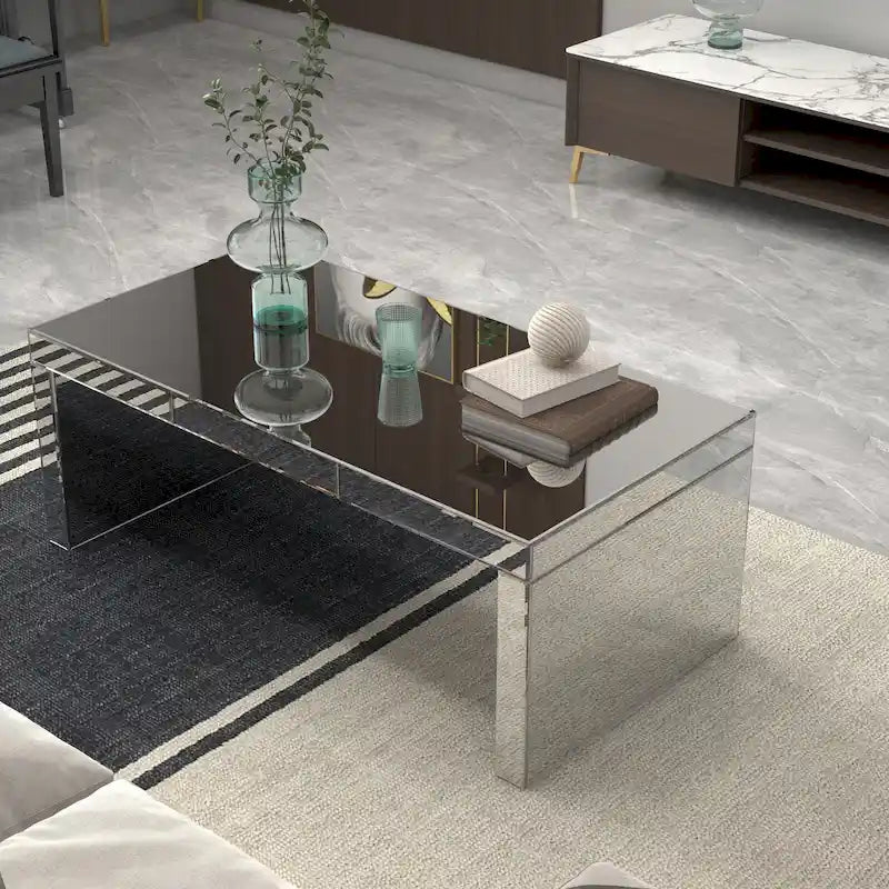 Glam Glass Mirrored Coffee Table Rectangle Silver Accent Table