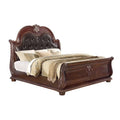Mano California King Bed, Faux Leather Upholstery, Carved Walnut Brown Wood