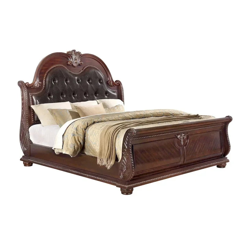 Mano California King Bed, Faux Leather Upholstery, Carved Walnut Brown Wood