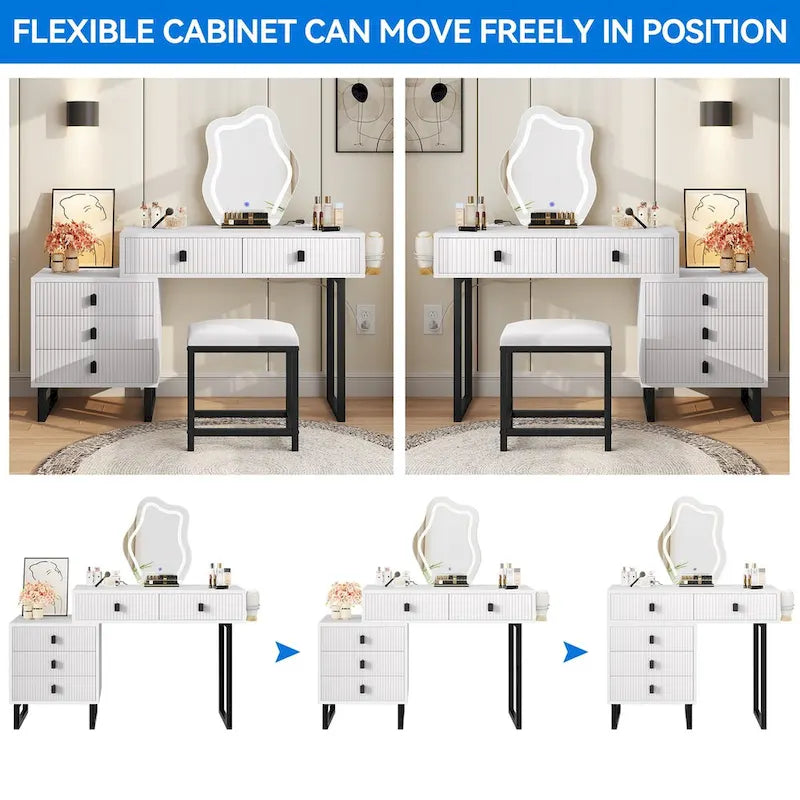 Makeup Vanity Set with Mirror Stool Power Station 5 Drawers Dressing Table Desk - 43.3 x 15.74 x 49.9 inch (L x W x H)