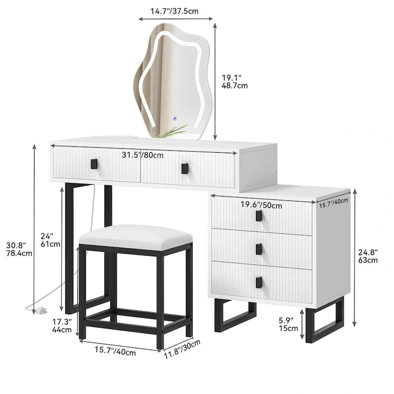 Makeup Vanity Set with Mirror Stool Power Station 5 Drawers Dressing Table Desk - 43.3 x 15.74 x 49.9 inch (L x W x H)