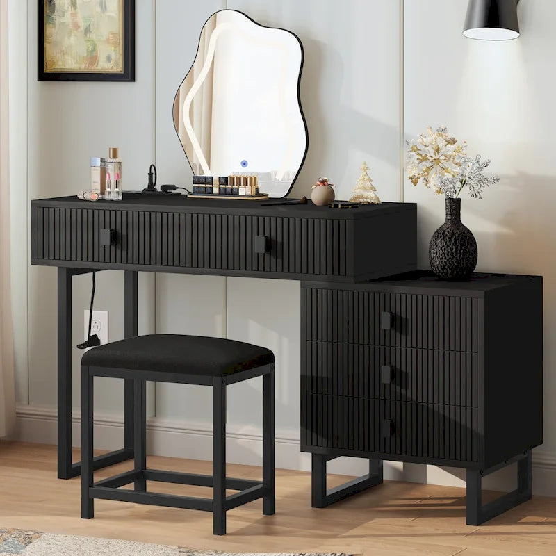 Makeup Vanity Set with Mirror Stool Power Station 5 Drawers Dressing Table Desk - 43.3 x 15.74 x 49.9 inch (L x W x H)
