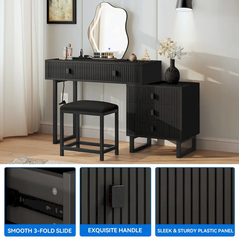 Makeup Vanity Set with Mirror Stool Power Station 5 Drawers Dressing Table Desk - 43.3 x 15.74 x 49.9 inch (L x W x H)