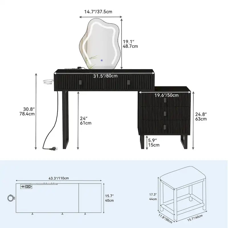 Makeup Vanity Set with Mirror Stool Power Station 5 Drawers Dressing Table Desk - 43.3 x 15.74 x 49.9 inch (L x W x H)