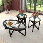 Table basse moderne en verre avec base en bois massif en croix, table d'appoint