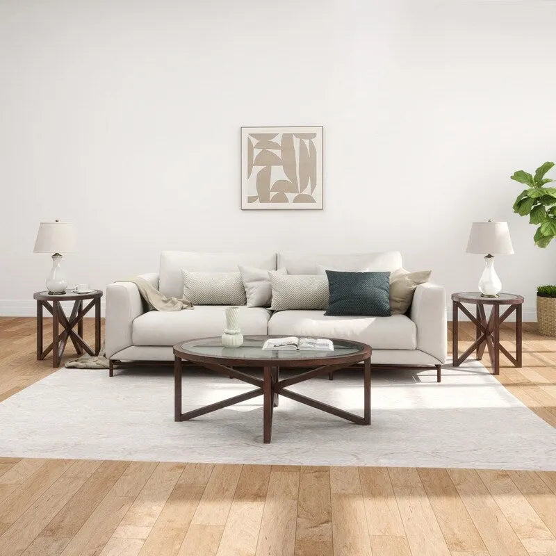 Modern Glass Coffee Table X-Cross Solid Wood Base End Table