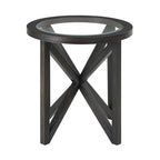 Table basse moderne en verre avec base en bois massif en croix, table d'appoint