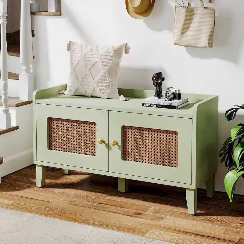 Wood 2-Tier Entryway Shoe Cabinet Bench with Doors for Living Room